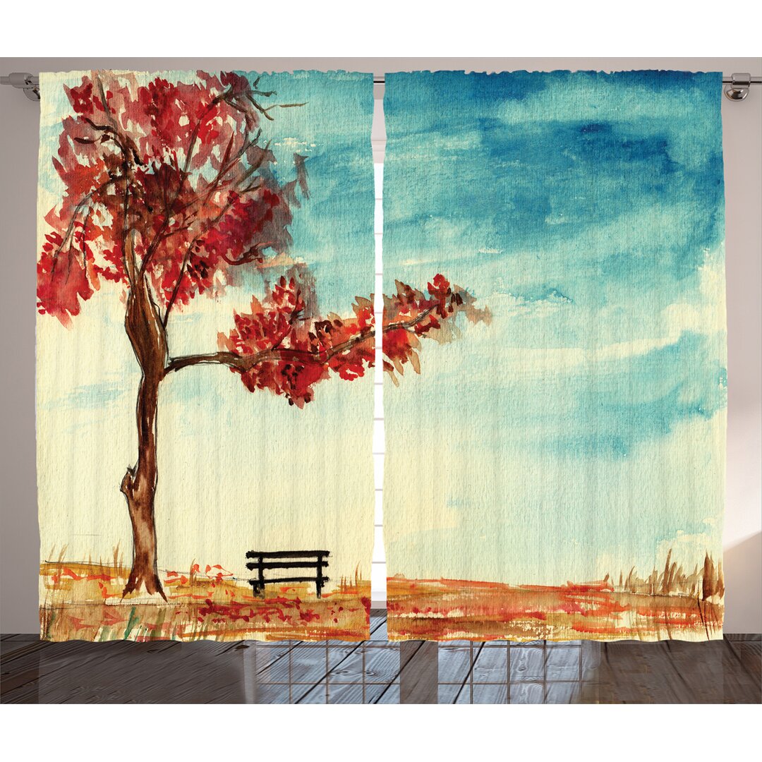 Rustikaler Vorhang, Aquarell-Grafik Bench, Baum, Orange Blue