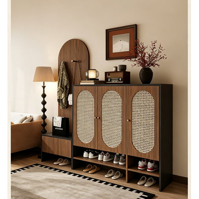 Retro Style Engineered Wood Woven Rattan Shoe Cabinet Top Display Surface Multi Layer Partition Storage Unit for Home Entrance
