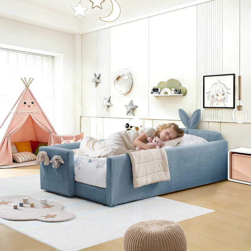 Twin Size Bed Frame, 82.99" Upholstered Daybed Platform Floor Bed W/Storage Pocket Cute Rabbit Ear Shaped Headboard for Bedroom, No Box Spring Needed