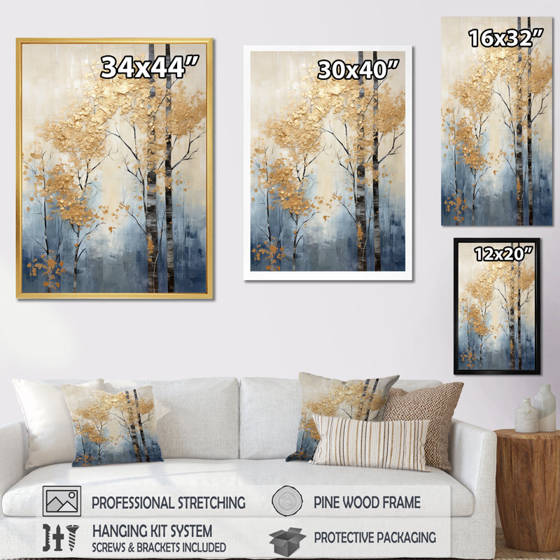 Minimalisme, or et bleu, scène d'arbres II, reproduction d'art sur toile, H 40 po x l 30 po x P 1,5 po, Toile tendue