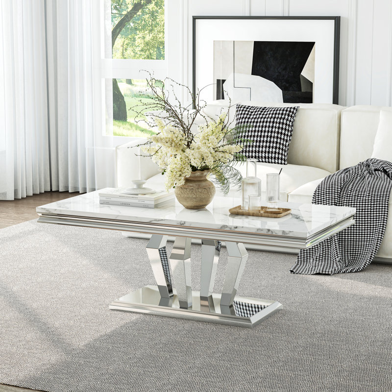 Table basse 46,8 po rectangulaire en faux marbre avec structure en acier inoxydable, Blanc, Argent argent