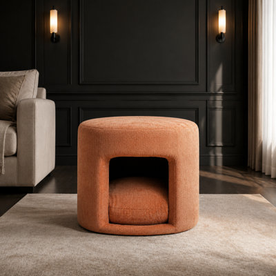 Repose-pieds rond adapté aux animaux de compagnie avec coussin amovible pour animal de compagnie et coin caché pour animaux de compagnie - Repose-pieds rembourré avec pieds en bois d'acacia