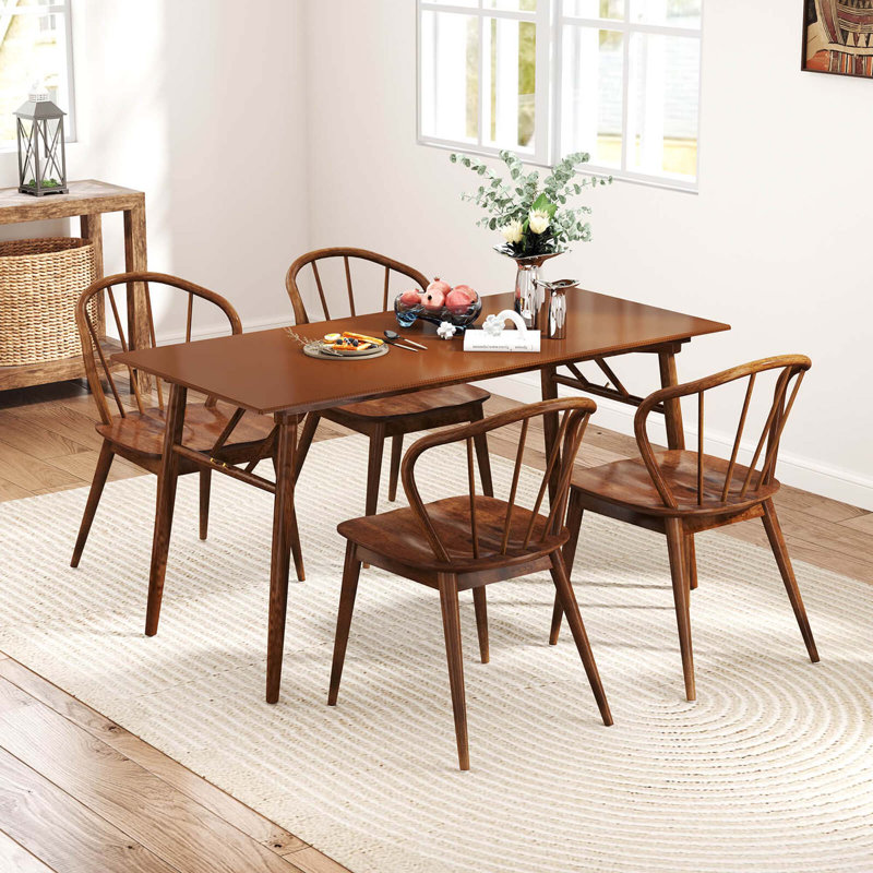 Wooden Dining Chair With High Spindle Back Rubber Wood Legs Wide Seat, 2