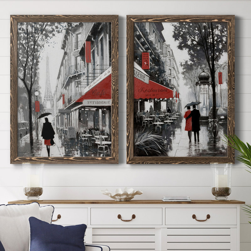 «Rainy Paris I», ensemble de 2 reproductions d'art, H 31,5 po x l 47 po x P 1,5 po, Toile avec cadre en noyer, Pas de tapis