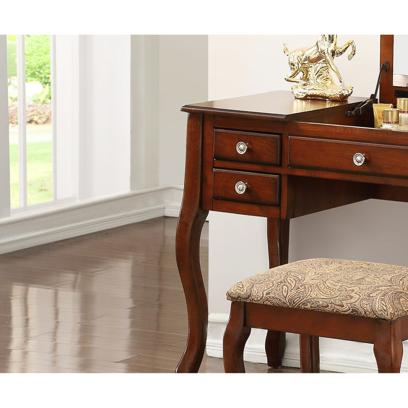 Classic Vanity With Stool, Cherry Color, Construction, Open Mirror, Poplar Veneer And Stool , Bedroom Furniture, Cushioned Seat, Plywood