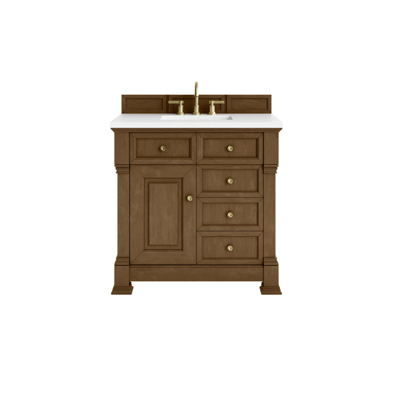 Meuble-lavabo simple 36 po avec plateau Brookfield, Chêne miel, Blanc Zeus, À entraxe