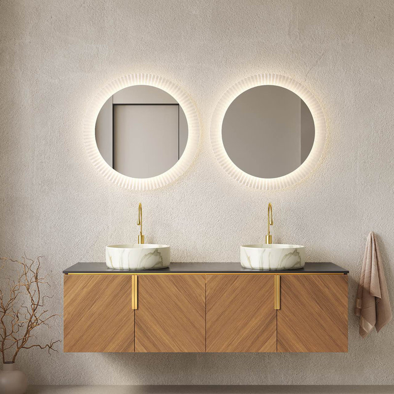 Meuble-lavabo avec lavabo vasque Arai, Blanc / céramique grise, 60", Rond