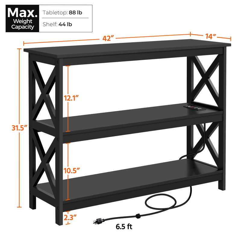 Bergmann 42"W 3-Tier Wooden Storage Shelves Console Table with Power Outlets, Black