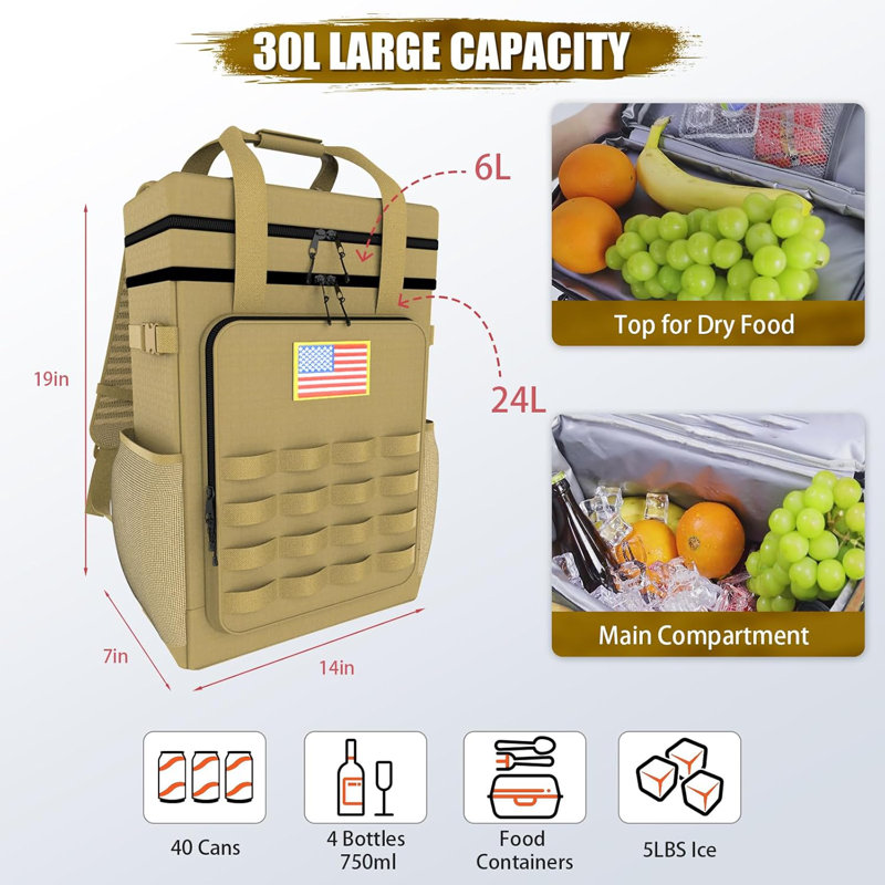 Sac à dos tactique, 40 canettes, sac à dos doux et étanche, Sable