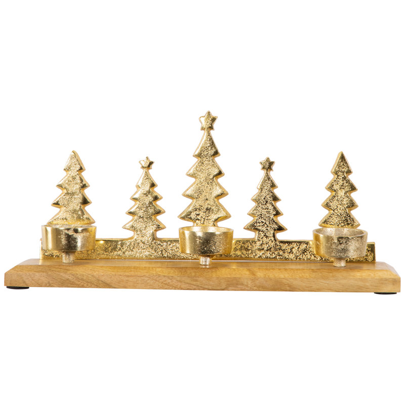 Pine Tree Quintet Christmas Metal Tealight Holder - 13" - Gold