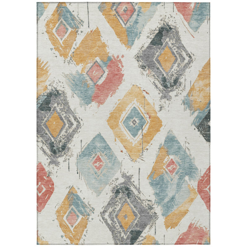 Ivory Diamond Pattern Machine Washable Synthetic Rug, 3' x 5'