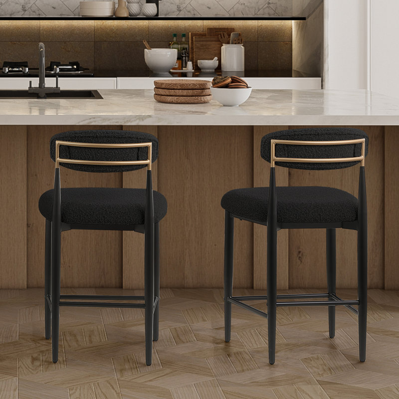 Teddy Boucle Upholstered Bar Stool, 65cm Counter Height with Metal Frame, Black Boucle