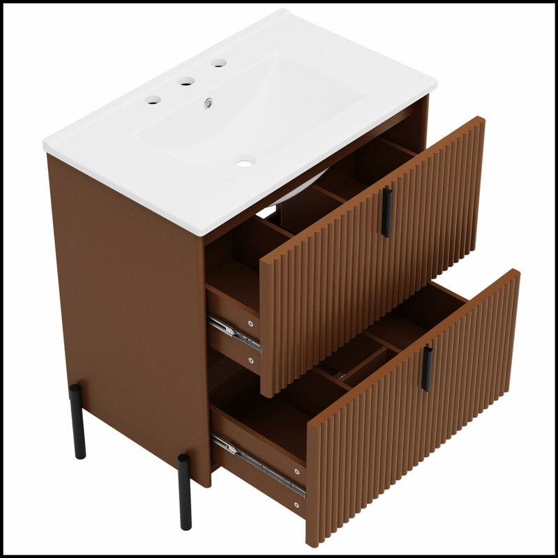 Meuble-lavabo autoportant de 30 pouces avec lavabo en céramique, tiroirs à fermeture en douceur et conception cannelée pour salles de bain modernes et rétro