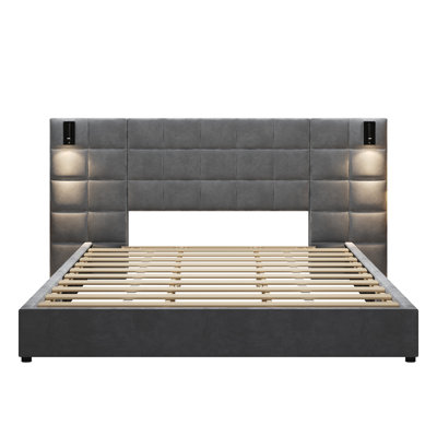 Cadre de lit California King en velours gris, lit de chambre avec tête de lit large, applique murale intégrée et port USB, sommier non requis