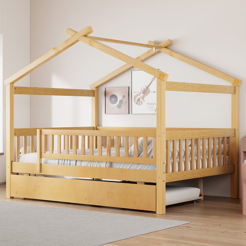 Lit en bois avec lit gigogne simple, Naturel, Double