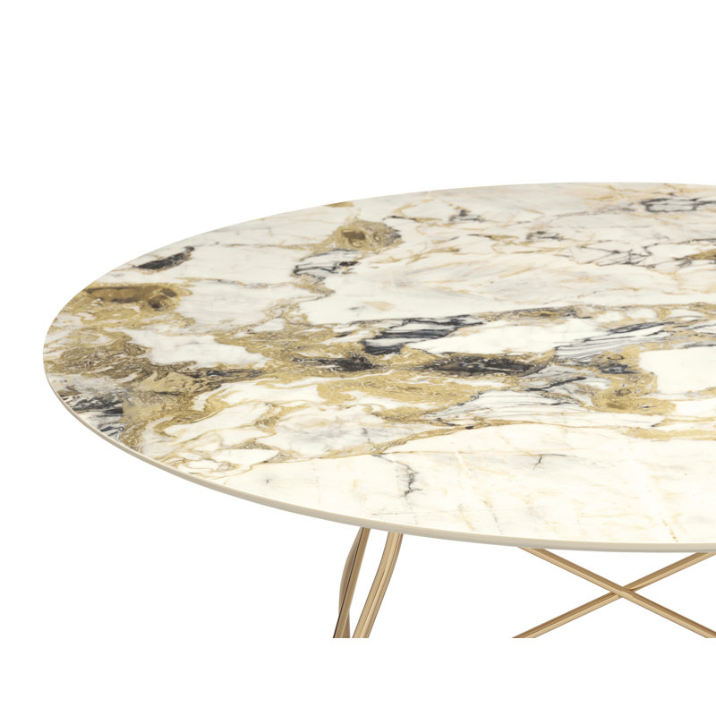 Glossy Round Dining Table, Gold, 50.39" W x 50.39" L, Symphonie Marble