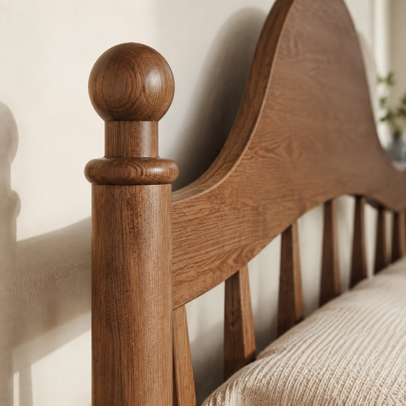 Queen Size Solid Pine Platform Bed with Chic Curved Headboard, Slatted Support, No Box Spring Needed, Antique Brown