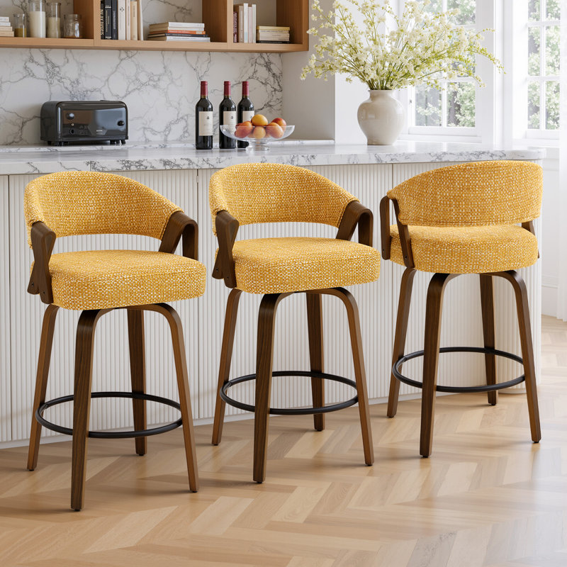 Tabouret de bar pivotant à 360 ° de style Mid-Century moderne en noyer avec dossier courbé rembourré (ensemble de 3), Jaune