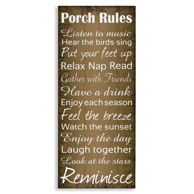 'Porch Rules Country Landscape Wood Textured Word Design' - Textual Art Print on Canvas
