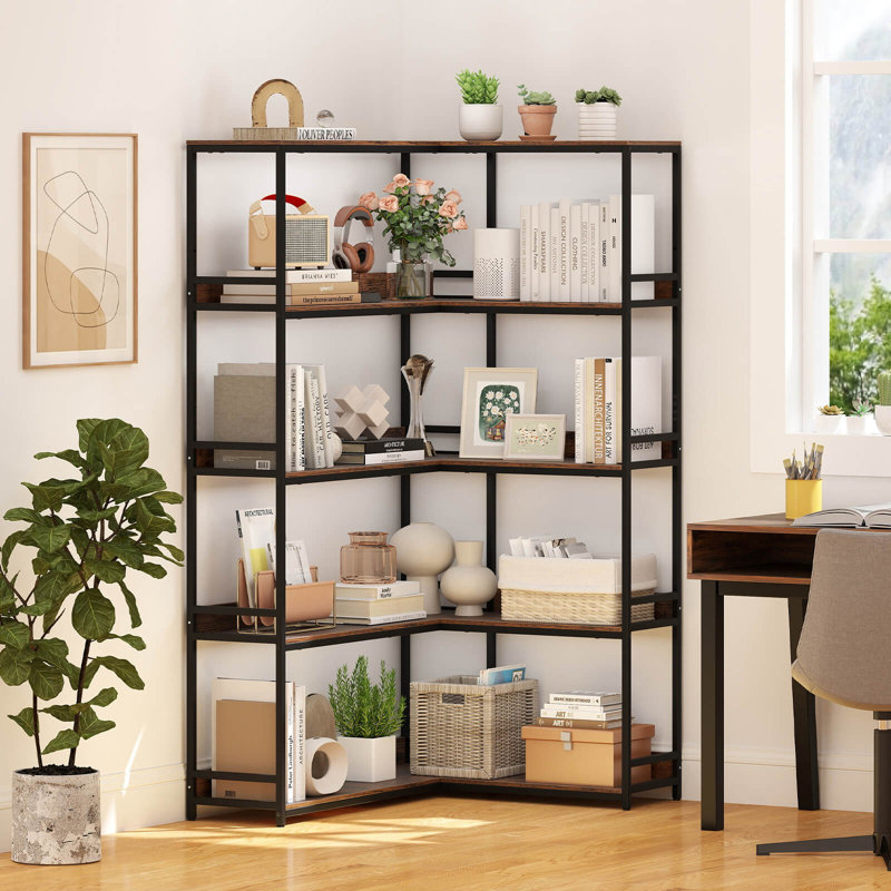 Corner Bookshelf 5-tier L-shaped Bookcase 71" Tall Etagere Bookshelf With Metal Frame, Black/Brown