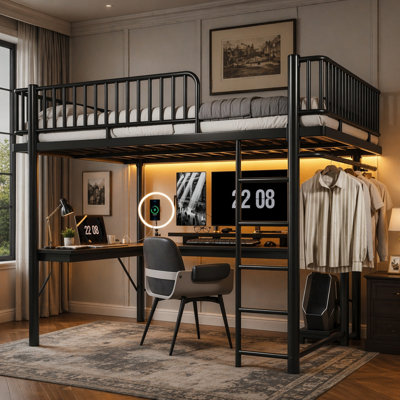 Queen Loft Bed With L-Shaped Desk,LED Light Strip And Charge Station, Metal Loft Bed With Computer Mainframe Tray And Hanging Area, Special Round Pipe Design, Black