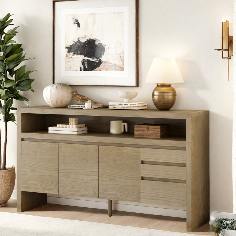 3-door Sideboard With 3 Drawers, A Semi-open Shelf And A Cable Hole, Natural