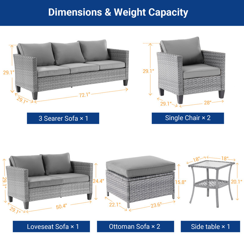 7-Piece Rattan Patio Set,  All Weather Wicker Chair w/Removable Cushion and Sturdy Frame, Gray, Gray