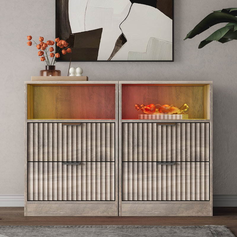 Table de chevet moderne à 2 tiroirs avec lumière DEL et station de charge, table de chevet en bois d'ingénierie avec prises USB et tablette ouverte pour la chambre à coucher et le salon (ensemble de 2)