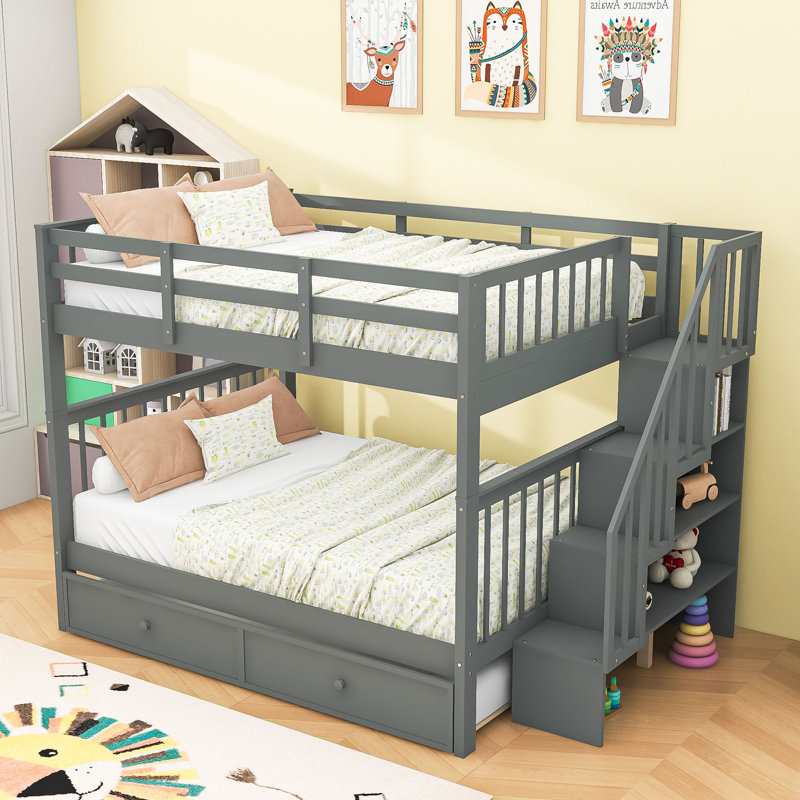 Lit superposé double au-dessus de double avec lit gigogne simple et rangement, peut être divisé en 2 lits individuels, Gris