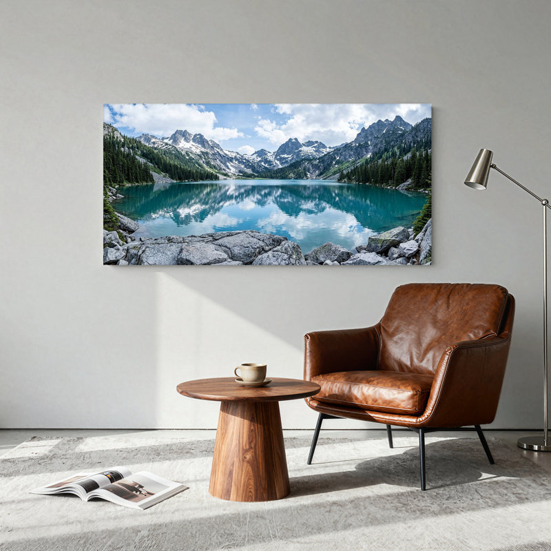 Montagnes enneigées se reflétant dans un lac turquoise - Tableau sur toile, L 32 po x H 16 po