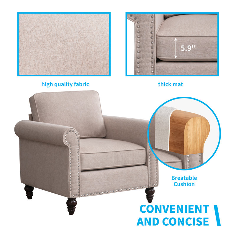 30.7" Upholstered Armchair, Linen Single Seat Sofa with Wooden Frame, Modern Small Space Furniture, Beige, Beige Linen Blend