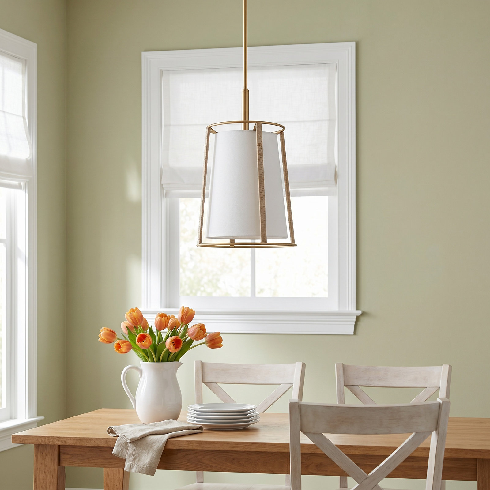 Roanne 1-Light Medium Hanging Shade, Fabric, Satin Brass