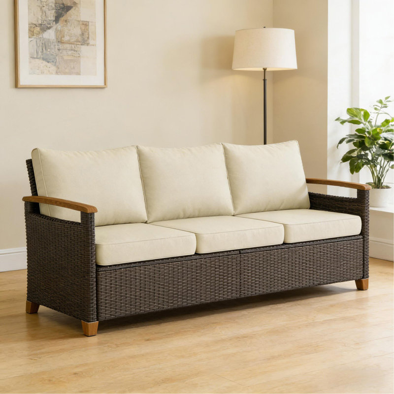 Canapé de patio en osier, canapé d'extérieur 3 places, canapé large à assise profonde, Beige