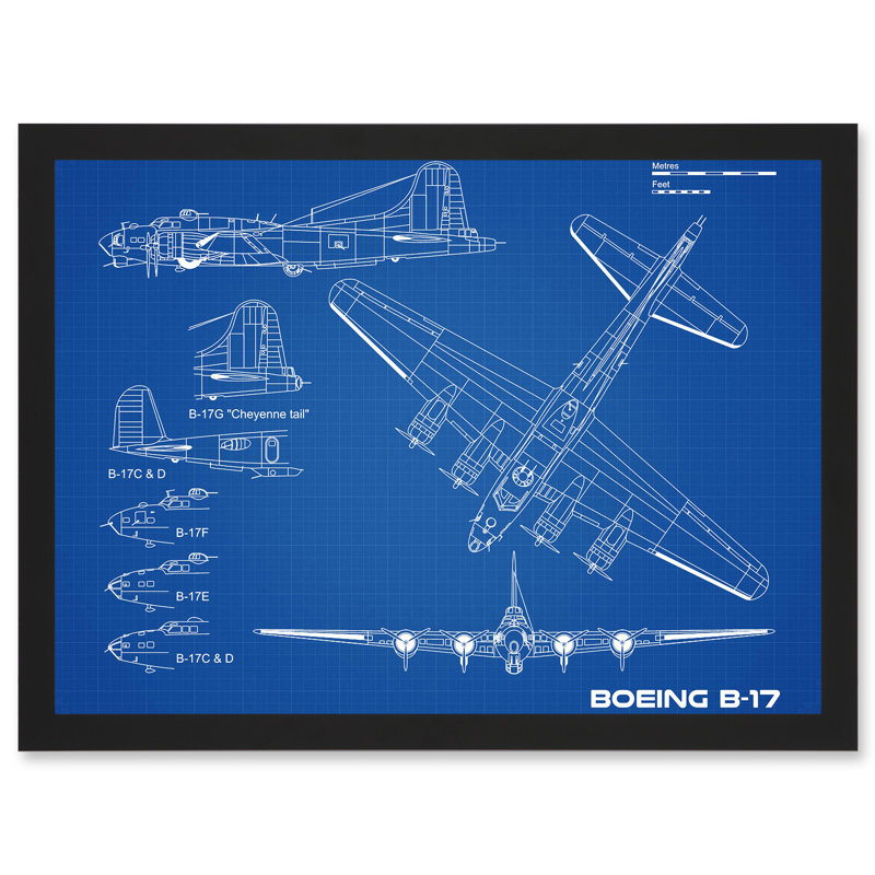 US Airforce Boeing B-17 Flying Fortress Plane Blueprint Plan - Single Picture Frame Print, 23.4cm H x 32.3cm W x 1.5cm D