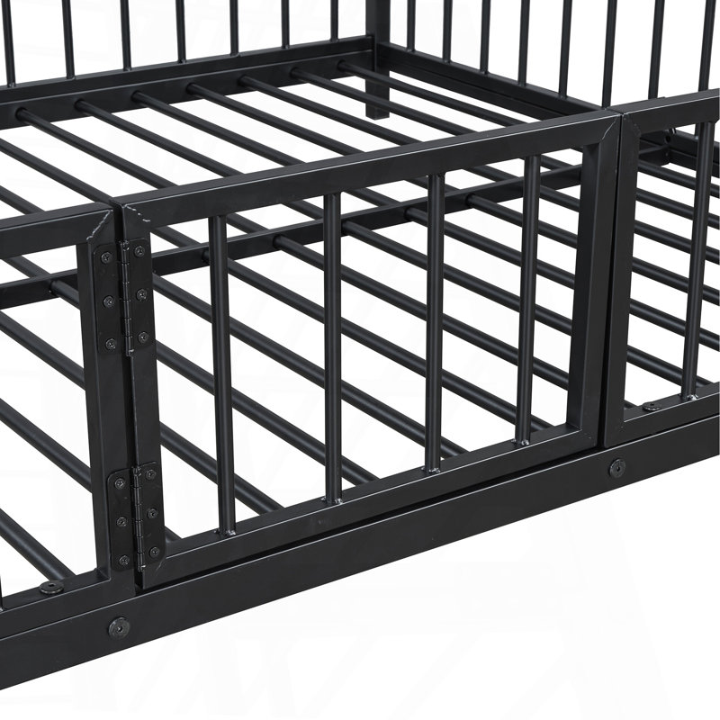 Full Over Full Size Metal Bunk Bed With Slide And Guardrails, Black, Full , Black
