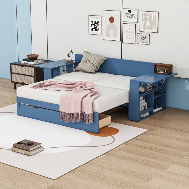 Multifunctional Wood Convertible Daybed with Built-in Desk, Storage Drawer, Blue, Full/Double