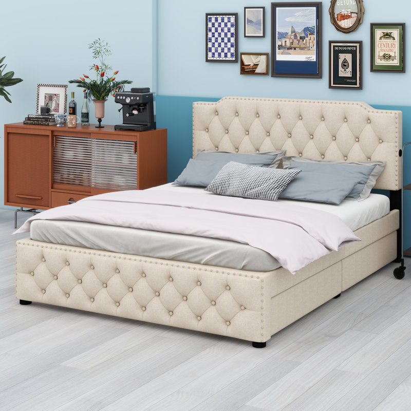Lit plateforme tapissier avec tiroirs et 2 ensembles de ports USB, Beige