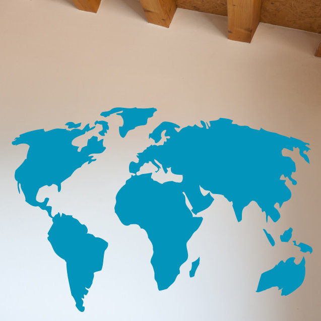 Décalcomanie murale carte du monde, Bleu sarcelle, H 38 x l 56 po x P 0,01 po
