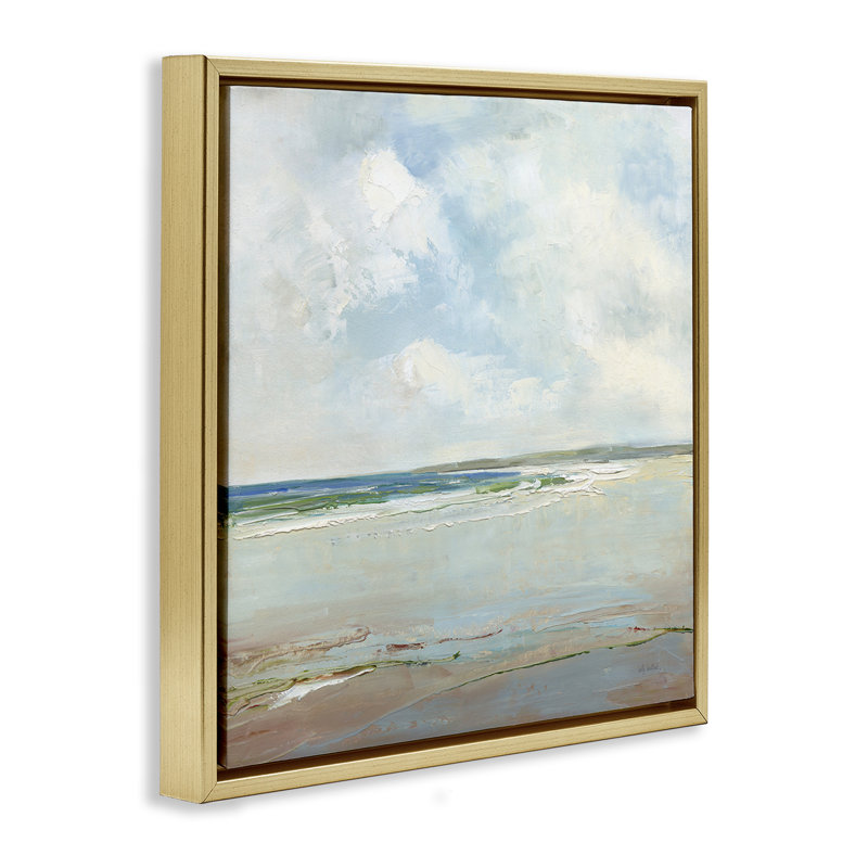 Plage éloignée avec nuages, Cadre flottant gris lustré, H 18 po x l 18 po
