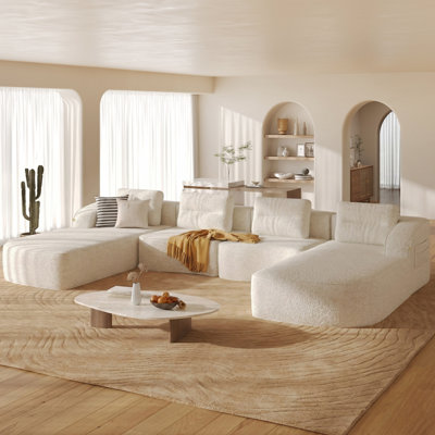 111.8 Inch Wide Oversized Modern Wave Curved Striped Fabric U-Shape Modular Sectional Sofa In White With Wrap-Around Seating