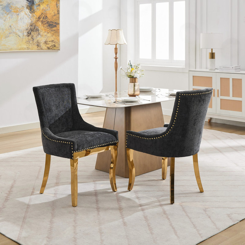 Chaises de salle à manger en chenille avec pieds courbés plaqués or, Noir
