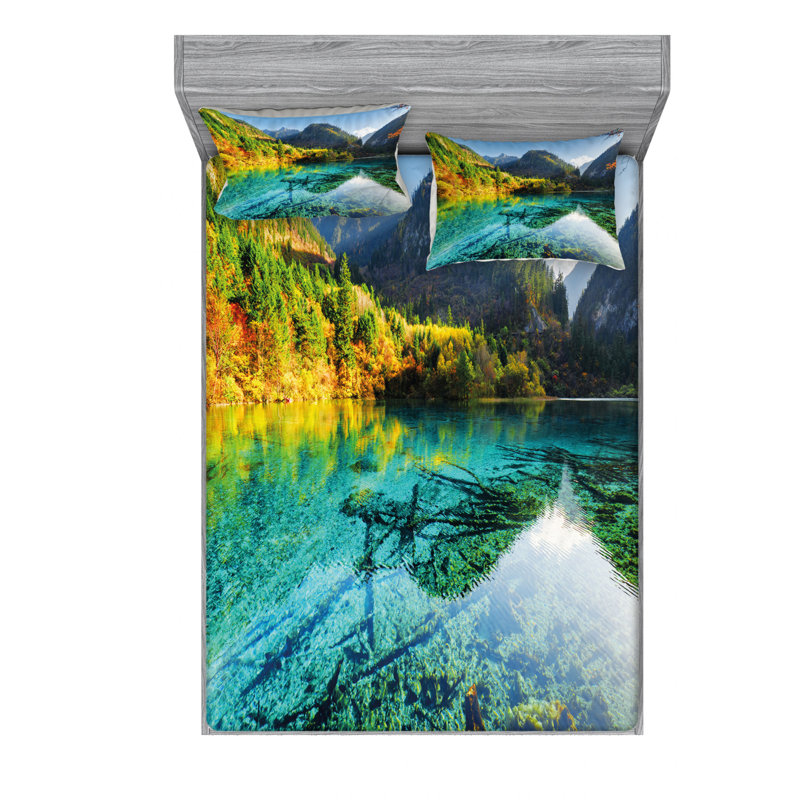 Ensemble de draps Idyllic Mountain Creek, Ensemble de draps pour lit double avec un drap-hou