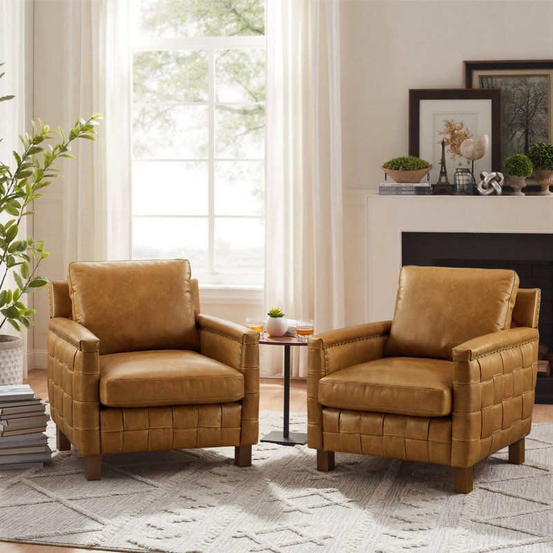 Genuine Leather Armchair Set Of 2, Light Brown