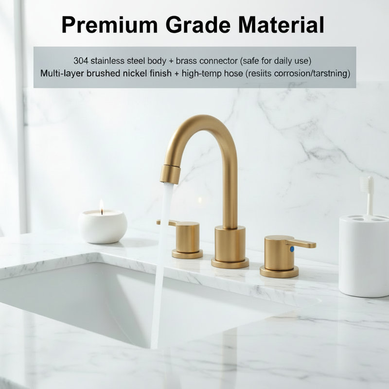 Modern Brushed Gold High-Arc Widespread Bathroom Faucet With Pop-Up Drain Assembly & Supply Lines, Brushed Gold