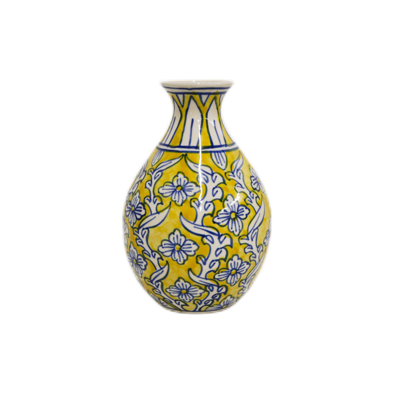 Home&Manor Ceramic Bottle Vase Yellow, Yellow/Blue/White