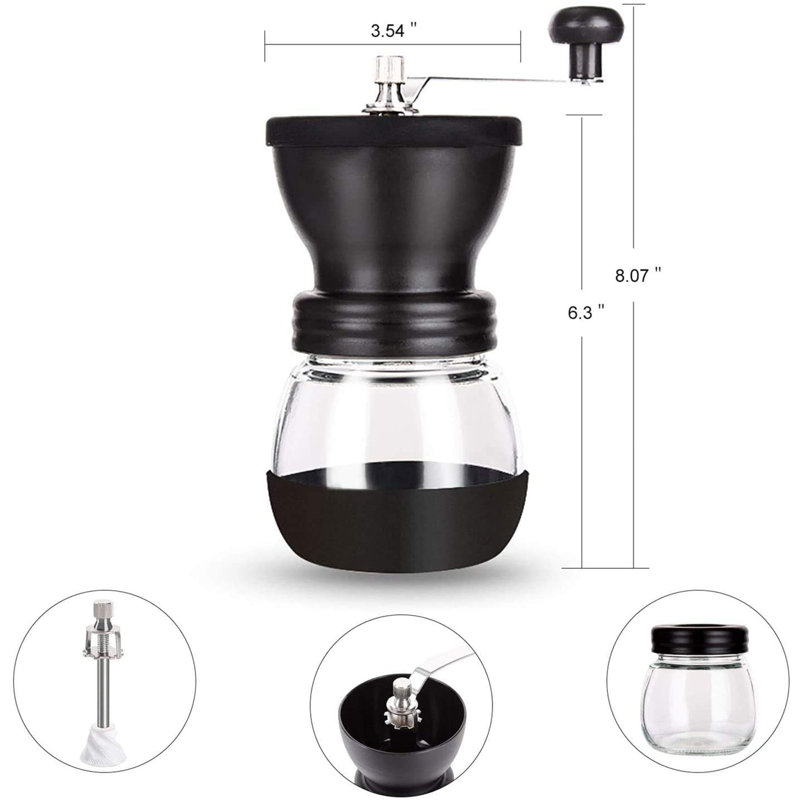 Moulin à café manuel avec meules en céramique, moulin à café à main petit avec 2 bocaux en verre (11 oz par pot) Poignée en acier inoxydable pour café filtre, espresso, presse française, brassage turc