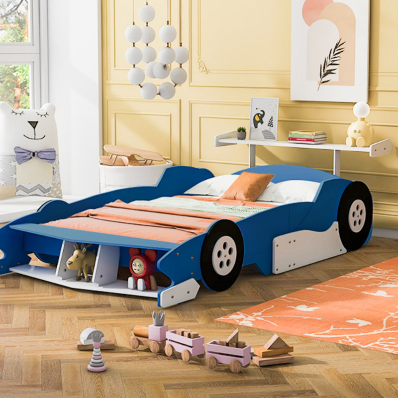 Full Size Race Car-Shaped Platform Bed, Blue