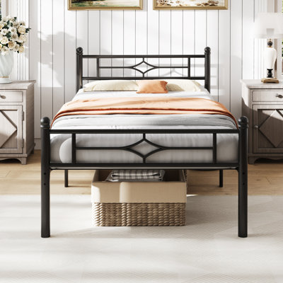 Vintage Metal Bed Frame With Elegant Headboard And Footboard, No Box Spring Needed, Noise Free