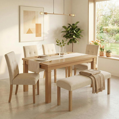 6-Piece Modern Rectangular Dining Table Set with 4 Upholstered Chairs and Bench, Space-Saving Design, Available in Natural or Walnut Finish