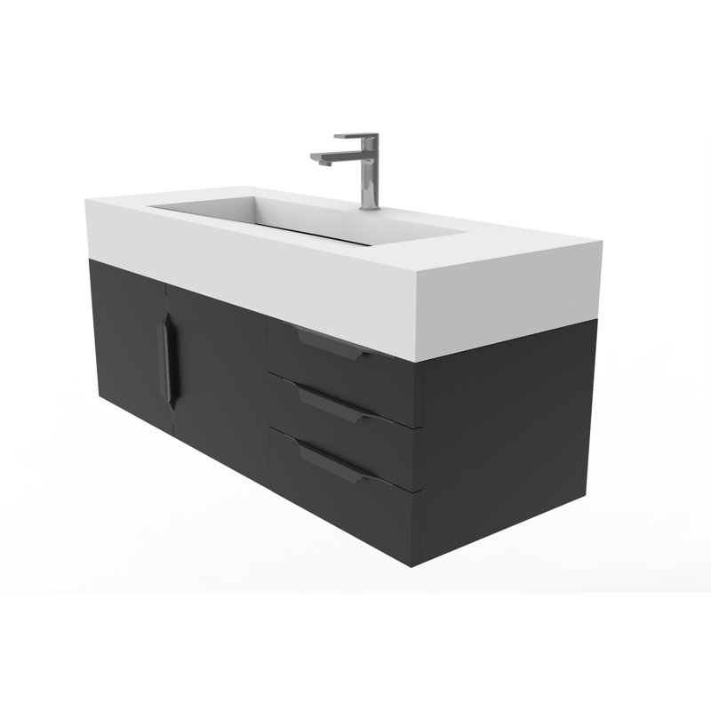 Ensemble de meuble-lavabo simple mural 48 po Nile, Blanc, Noir, Noir